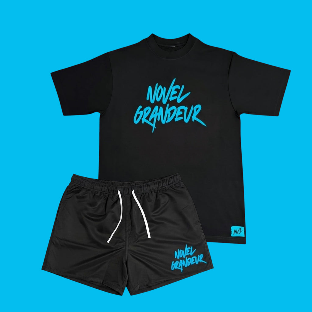 Black & Sky Blue “Summer Vybez” Nylon Shorts & T-Shirt Set