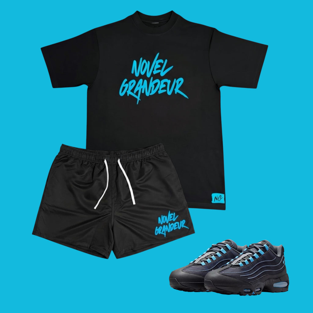 Black & Sky Blue “Summer Vybez” Nylon Shorts & T-Shirt Set