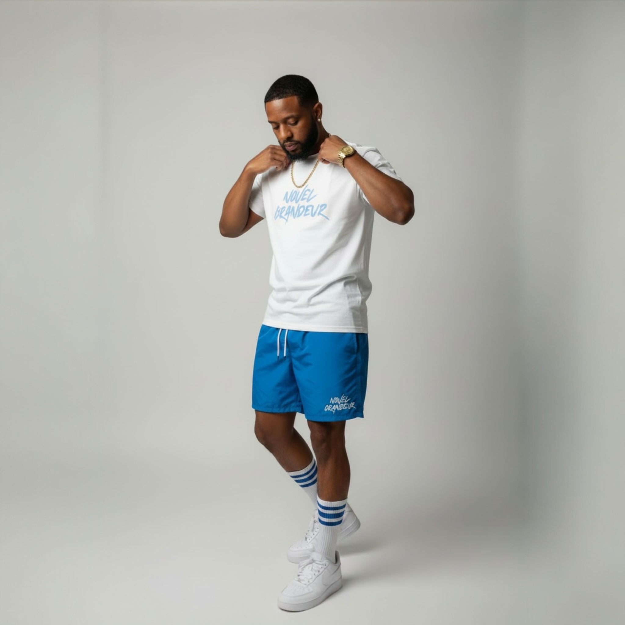 Marina Blue & White “Summer Vibes” Boardshorts w/ White & Marina Blue “Summer Vibes” Tee