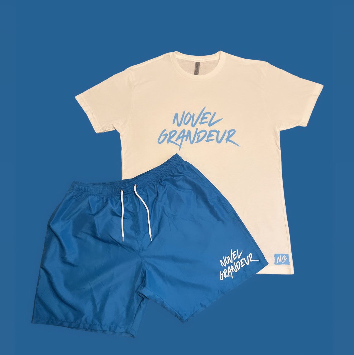 Marina Blue & White “Summer Vibes” Boardshorts w/ White & Marina Blue “Summer Vibes” Tee