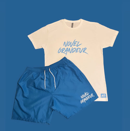 Marina Blue & White “Summer Vibes” Boardshorts w/ White & Marina Blue “Summer Vibes” Tee